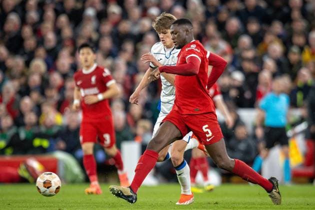 Liverpool v Atalanta Europa League 11 04 2024. Atalanta forward Charles De Ketelaere (17) battles with Liverpool defender Ibrahima KonatÃ (5) during the Europa League match between Liverpool and Atalanta at Anfield, Liverpool, England on 11 April 2024. Editorial use only , Copyright: xIanxStephenx PSI-19426-0026