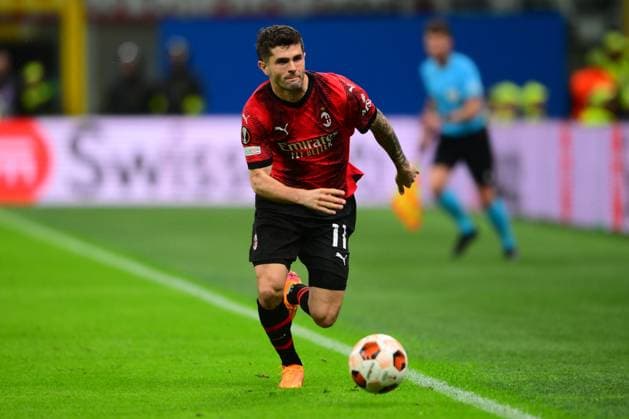 Fußball, EL, AC Mailand - AS Rom Christian Pulisic of AC Milan in action, first leg match round of 8 of UEFA Europa League, AC Milan-AS Roma, San Siro Stadium, April 11, 2024, Milan, Italy.