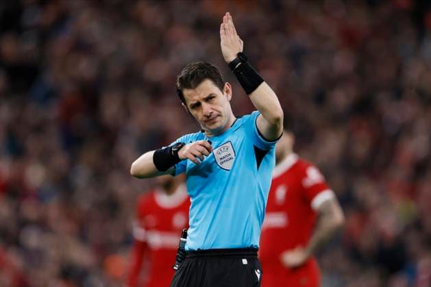 Liverpool FC v Atalanta: Quarter-Final First Leg - UEFA Europa League 2023 24 Referee Halil Umut Meler pointing during the UEFA Europa League 2023 24 Quarter-Final first leg match between Liverpool FC and Atalanta at Anfield on April 11, 2024 in Liverpool, England. Liverpool Anfield England United Kingdom Copyright: xRichardxSellers Sportsphoto APLx 13971886