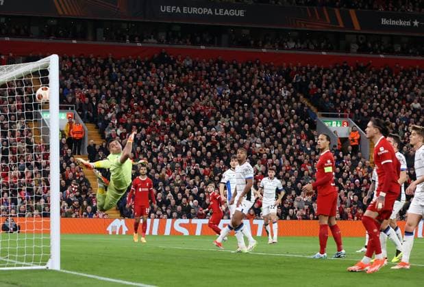 11th April 2024; Anfield, Liverpool, Merseyside, England; Europa League, Quarter Final;, First Leg Football, Liverpool versus Atalanta; Harvey Elliot of Liverpool& x2019;s shot beats Juan Musso of Atalanta but strikes the crossbar  ActionPlus12628474 DavidxBlunsden