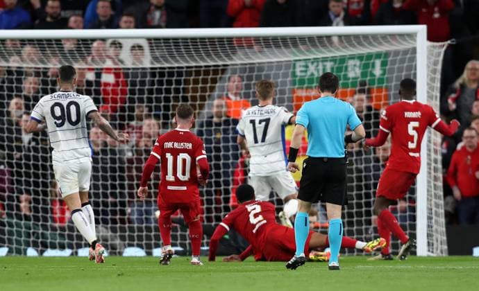 11th April 2024; Anfield, Liverpool, Merseyside, England; Europa League, Quarter Final;, First Leg Football, Liverpool versus Atalanta; Gianluca Scamacca of Atalanta beats Caoimhin Kelleher of Liverpool to give his side a 0-1 lead after 39 minutes  ActionPlus12628477 DavidxBlunsden