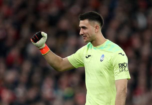 11th April 2024; Anfield, Liverpool, Merseyside, England; Europa League, Quarter Final;, First Leg Football, Liverpool versus Atalanta; Juan Musso of Atalanta celebrates his side& x2019;s 39th minute opening goal  ActionPlus12628487 DavidxBlunsden