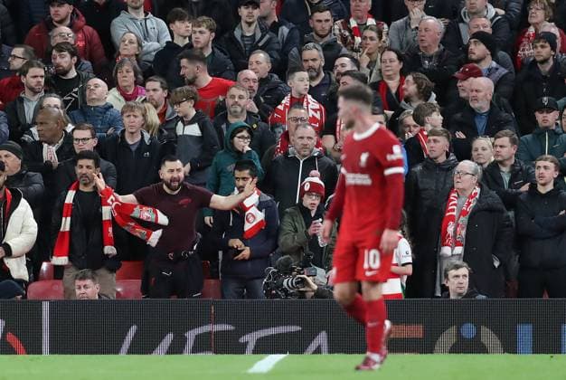 11th April 2024; Anfield, Liverpool, Merseyside, England; Europa League, Quarter Final;, First Leg Football, Liverpool versus Atalanta; supporters on the Kop react after their side concede the opening goal  ActionPlus12628491 DavidxBlunsden