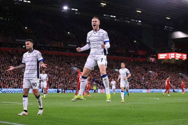 Football - UEFA Europa League - Quarter Final (1st Leg) - Liverpool v Atalanta 11th April 2024 - UEFA Europa League - Quarter Final (1st Leg) - Liverpool v Atalanta - Teun Koopmeiners of Atalanta celebrates their 2nd goal as goalscorer Gianluca Scamacca holds his arms open behind - Photo: Simon Stacpoole Offside. Liverpool UK Copyright: xSimonxStacpoolexOffside