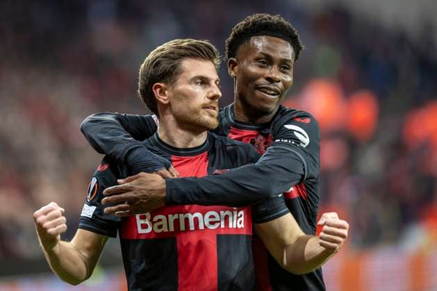 UEFA Europa League, Bayer 04 Leverkusen vs. West Ham United, 11.04.2024 Leverkusen, Germany - April 11: Jonas Hofmann (Bayer 04 Leverkusen,7) marked the 1:0, behind him Nathan Tella (Bayer 04 Leverkusen, 19) during the UEFA Europa Leeague quarter finals between UEFA Europa League, Bayer 04 Leverkusen vs. West Ham United at BayArena on April 11, 2024 in Leverkusen, Germany. DFL REGULATIONS PROHIBIT ANY USE OF PHOTOGRAPHS AS IMAGE SEQUENCES AND OR QUASI-VIDEO. Copyright: xBEAUTIFULxSPORTS AxelxKohringx