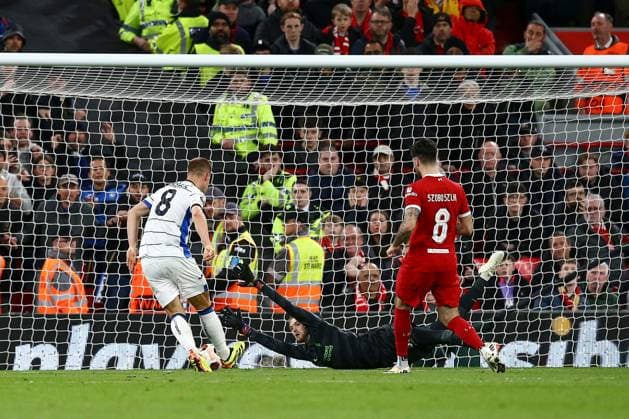 Mario Pasalic of Atalanta scores a goal for their side to make it 3-0 Liverpool v Atalanta, UEFA Europa League, Quarter Final, First Leg, Football, Anfield, Liverpool, UK - 11 Apr 2024 EDITORIAL USE ONLY No use with unauthorised audio, video, data, fixture lists, club league logos or live services. Online in-match use limited to 120 images, no video emulation. No use in betting, games or single club league player publications. Copyright: xMattxWest Shutterstockx 14424886bs