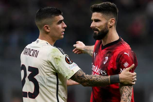 AC Milan v AS Roma - UEFA Europa League Gianluca Mancini of AS Roma argue with Olivier Giroud of AC Milan during the UEFA Europa League quarter-final first leg football match between AC Milan and AS Roma. Milan Italy Copyright: xNicolòxCampox