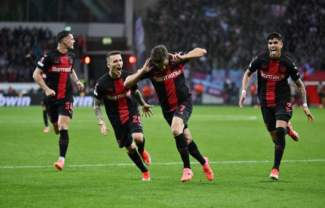 Jubel Jonas Hofmann (Bayer 04 Leverkusen) 1:0 11.04.2024, Fussball Europa League, Saison 2023 2024, Viertelfinale Hinspiel, Bayer 04 Leverkusen - West Ham United Leverkusen BayArena Nordrhein Westfalen Deutschland