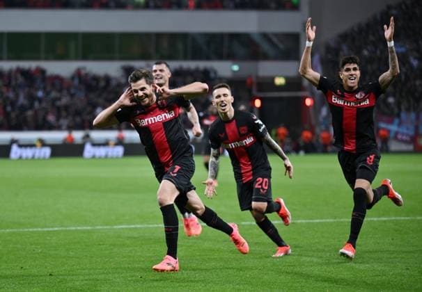 Jubel Jonas Hofmann (Bayer 04 Leverkusen) 1:0 11.04.2024, Fussball Europa League, Saison 2023 2024, Viertelfinale Hinspiel, Bayer 04 Leverkusen - West Ham United Leverkusen BayArena Nordrhein Westfalen Deutschland