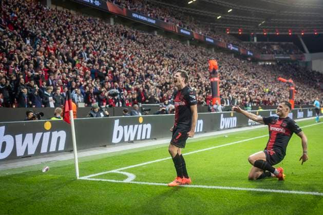 UEFA Europa League, Bayer 04 Leverkusen vs. West Ham United, 11.04.2024 Leverkusen, Germany - April 11: Jonas Hofmann (Bayer 04 Leverkusen,7) is happy about his 1:0 goal during the UEFA Europa Leeague quarter finals between UEFA Europa League, Bayer 04 Leverkusen vs. West Ham United at BayArena on April 11, 2024 in Leverkusen, Germany. DFL REGULATIONS PROHIBIT ANY USE OF PHOTOGRAPHS AS IMAGE SEQUENCES AND OR QUASI-VIDEO. Copyright: xBEAUTIFULxSPORTS AxelxKohringx