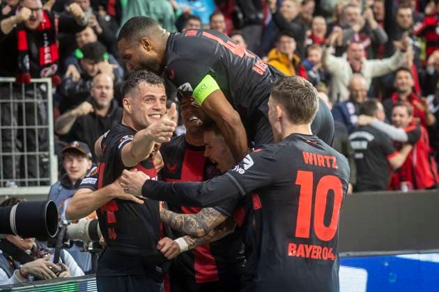 UEFA Europa League, Bayer 04 Leverkusen vs. West Ham United, 11.04.2024 Leverkusen, Germany - April 11: Jonas Hofmann (Bayer 04 Leverkusen,7) is happy about his 1:0 goal during the UEFA Europa Leeague quarter finals between UEFA Europa League, Bayer 04 Leverkusen vs. West Ham United at BayArena on April 11, 2024 in Leverkusen, Germany. With himGranit Xhaka (Bayer 04 Leverkusen, 34), Jonathan Tah (Bayer 04 Leverkusen, 4), Florian Wirtz (Bayer 04 Leverkusen, 10). DFL REGULATIONS PROHIBIT ANY USE OF PHOTOGRAPHS AS IMAGE SEQUENCES AND OR QUASI-VIDEO. Copyright: xBEAUTIFULxSPORTS AxelxKohringx
