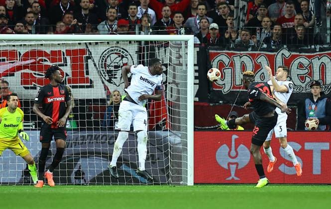 Victor Boniface of Beyern Leverkusen scores their sides second goal Bayer 04 Leverkusen v West Ham United, UEFA Europa League, Quarter Final, First Leg, Football, BayArena, Leverkusen, Germany - 11 Apr 2024 EDITORIAL USE ONLY No use with unauthorised audio, video, data, fixture lists, club league logos or live services. Online in-match use limited to 120 images, no video emulation. No use in betting, games or single club league player publications. Copyright: xMichaelxZemanek Shutterstockx 14424882an