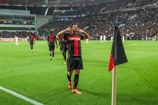 11.04.2024, Fussball, Europa League, Saison 2023 2024, Bayer Leverkusen - West Ham United, Jonas Hofmann (Bayer Leverkusen) jubelt nach seinem Tor zum 1 zu 0. Leverkusen BayArena NRW Deutschland xRHR-FOTO TRx Copyright: RHR-FOTOx RHR-FOTO TR