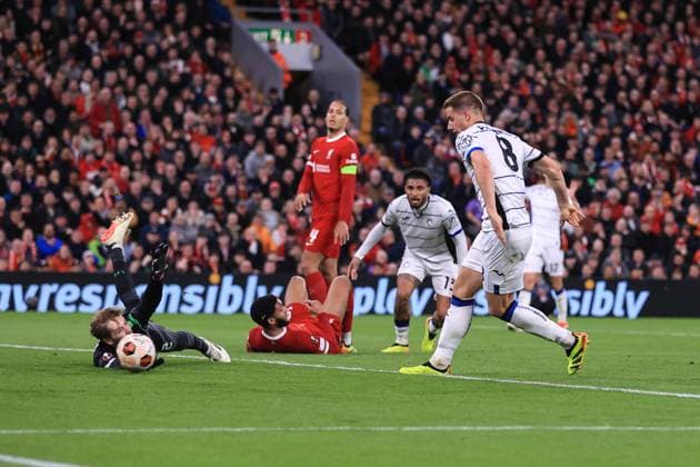 Football - UEFA Europa League - Quarter Final (1st Leg) - Liverpool v Atalanta 11th April 2024 - UEFA Europa League - Quarter Final (1st Leg) - Liverpool v Atalanta - Mario Pasalic of Atalanta scores their 3rd goal - Photo: Simon Stacpoole Offside. Liverpool UK Copyright: xSimonxStacpoolexOffside
