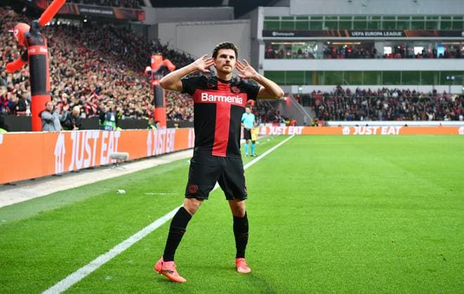 Fussball, Europa League, Deutschland, Herren, Saison 2023 2024, Viertelfinale Hinspiel, BayArena Leverkusen, Bayer Leverkusen - FC West Ham United; Jubel Jonas Hofmann (LEV) nach seinem Tor zum 1:0. Jubel, Freude, Aktion. UEFA REGULATIONS PROHIBIT ANY USE OF PHOTOGRAPHS AS IMAGE SEQUENCES AND OR QUASI-VIDEO