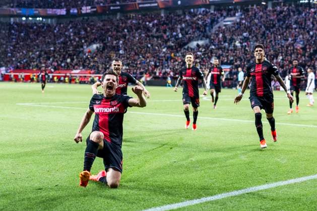 Leverkusen, Bayarena, 11.04.2024: Jonas Hofmann (Leverkusen) celebrates scoring the 1:0 goal during the Europa League match Bayer 04 Leverkusen vs. West Ham United.