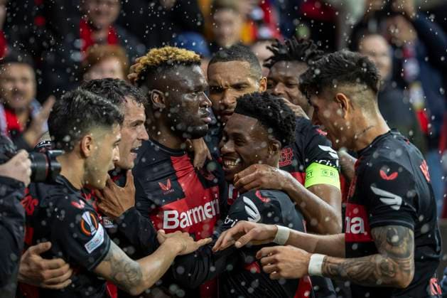 UEFA Europa League, Bayer 04 Leverkusen vs. West Ham United, 11.04.2024 Leverkusen, Germany - April 11: In the rain of beer - Victor Boniface (Bayer 04 Leverkusen, 22) heads the 2:0 goal during the UEFA Europa Leeague quarter finals between UEFA Europa League, Bayer 04 Leverkusen vs. West Ham United at BayArena on April 11, 2024 in Leverkusen, Germany. DFL REGULATIONS PROHIBIT ANY USE OF PHOTOGRAPHS AS IMAGE SEQUENCES AND OR QUASI-VIDEO. Copyright: xBEAUTIFULxSPORTS AxelxKohringx