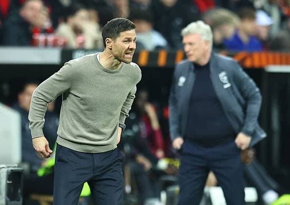 Xabi Alonso manager of Beyern Leverkusen and David Moyes manager of West Ham United Bayer 04 Leverkusen v West Ham United, UEFA Europa League, Quarter Final, First Leg, Football, BayArena, Leverkusen, Germany - 11 Apr 2024 EDITORIAL USE ONLY No use with unauthorised audio, video, data, fixture lists, club league logos or live services. Online in-match use limited to 120 images, no video emulation. No use in betting, games or single club league player publications.  Copyright: xMichaelxZemanek Shutterstockx 14424882av