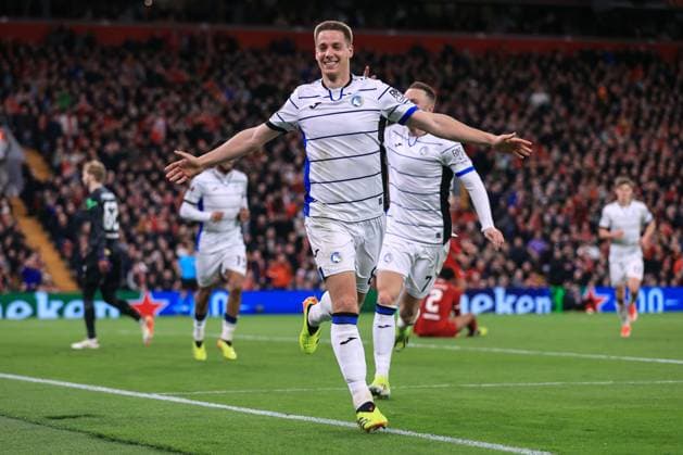 Football - UEFA Europa League - Quarter Final (1st Leg) - Liverpool v Atalanta 11th April 2024 - UEFA Europa League - Quarter Final (1st Leg) - Liverpool v Atalanta - Mario Pasalic of Atalanta celebrates scoring their 3rd goal - Photo: Simon Stacpoole Offside. Liverpool UK Copyright: xSimonxStacpoolexOffside