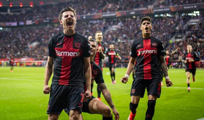Leverkusen Germany. 11th Apr 2024. Torjubel: Jonas Hofmann (Leverkusen) Granit Xhaka (Leverkusen) Piero Hincapie (Leverkusen) Bayer Leverkusen - West Ham United 11.04.2024