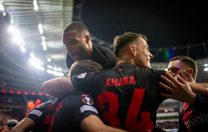 Leverkusen Germany. 11th Apr 2024. Torjubel: Jonathan Tah (Leverkusen) Granit Xhaka (Leverkusen) Bayer Leverkusen - West Ham United 11.04.2024