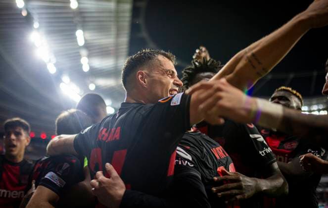 Sport Bilder des Tages Leverkusen Germany. 11th Apr 2024. Torjubel: Granit Xhaka (Leverkusen) Bayer Leverkusen - West Ham United 11.04.2024