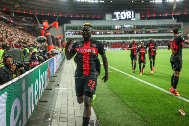 o11.04.2024, Fussball, Europa League, Saison 2023 2024, Bayer Leverkusen - West Ham United, Victor Boniface (Bayer Leverkusen) jubelt nach seinem Tor zum 2 zu 0. Leverkusen BayArena NRW Deutschland xRHR-FOTO TRx Copyright: RHR-FOTOx RHR-FOTO TR