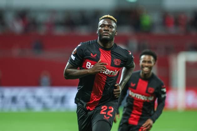 11.04.2024, Fussball, Europa League, Saison 2023 2024, Bayer Leverkusen - West Ham United, Victor Boniface (Bayer Leverkusen) jubelt nach seinem Tor zum 2 zu 0. Leverkusen BayArena NRW Deutschland xRHR-FOTO TRx Copyright: RHR-FOTOx RHR-FOTO TR