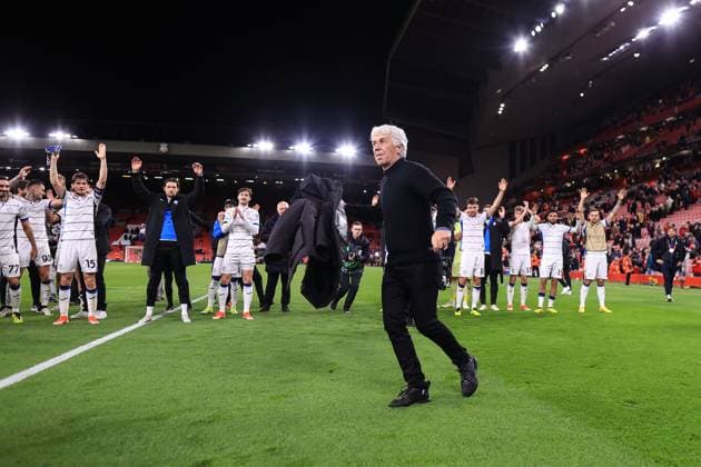 Football - UEFA Europa League - Quarter Final (1st Leg) - Liverpool v Atalanta 11th April 2024 - UEFA Europa League - Quarter Final (1st Leg) - Liverpool v Atalanta - Atalanta head coach Gian Piero Gasperini celebrates their victory - Photo: Simon Stacpoole Offside. Liverpool UK Copyright: xSimonxStacpoolexOffside