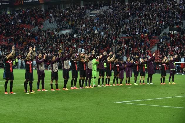 11.04.2024, Leverkusen, Germany, BayARENA, Bayer Leverkusen vs West Ham United - UEFA Europa League 2023 2024 - Quarter-finals First Leg, Spieler Bayer Leverkusen Jubel, jubelt, jubeln (Foto Ralf Treese) Leverkusen BayARENA North Rhine-Westphalia Germany