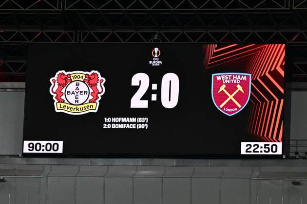 Anzeigetafel mit Endergebnis, Bayer Leverkusen vs. West Ham United, Fussball, Europa League, Viertelfinale, Hinspiel, 11.04.2024 Leverkusen Nordrhein-Westfalen Deutschland
