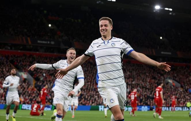 11th April 2024; Anfield, Liverpool, Merseyside, England; Europa League, Quarter Final;, First Leg Football, Liverpool versus Atalanta; Mario Pasalic of Atalanta celebrates after scoring his side& x2019;s third goal for 0-3 after 80 minutes  ActionPlus12628681 DavidxBlunsden