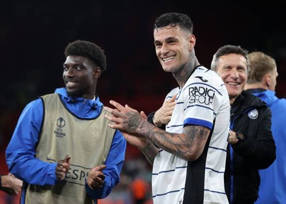 11th April 2024; Anfield, Liverpool, Merseyside, England; Europa League, Quarter Final;, First Leg Football, Liverpool versus Atalanta; Gianluca Scamacca of Atalanta celebrates at full time in front of the visiting fans  ActionPlus12628684 DavidxBlunsden