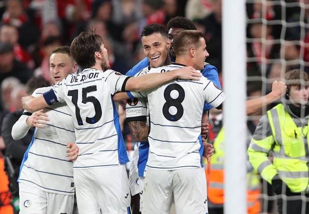 . - Liverpool v Atalanta, UEFA Europa League, Quarter-Final first leg, Anfield Stadium, Liverpool, UK. - 11th April 2024. GOAL 2-0, Gianluca Scamacca of Atalanta goal celebration. - Liverpool v Atalanta, UEFA Europa League, Quarter-Final first leg, Anfield Stadium, Liverpool, UK. - 11th April 2024. Liverpool Anfield Stadium UK Copyright: xDanxWeirx CP_Liverpool_Atalanta_48
