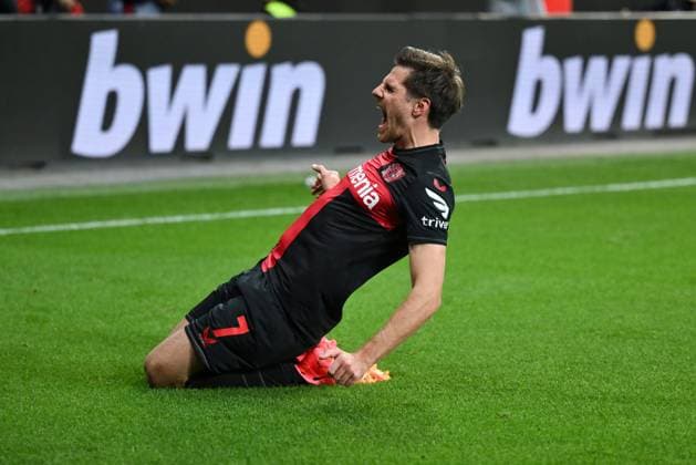 Jubel Jonas Hofmann (Bayer 04 Leverkusen) 11.04.2024, Fussball Europa League, Saison 2023 2024, Viertelfinale Hinspiel, Bayer 04 Leverkusen - West Ham United Leverkusen BayArena Nordrhein Westfalen Deutschland