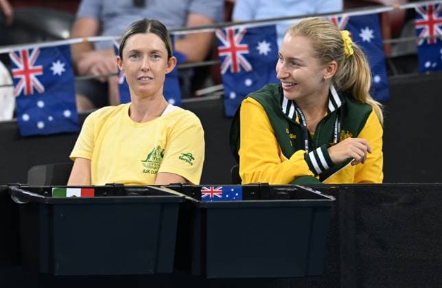 TENNIS BILLIE JEAN KING CUP, An injured Storm Hunter (left) of Australia is seen on the sidelines with team mate Daria Saville (right) of Australia during the Billie Jean King Cup at Pat Rafter Arena in Brisbane, Friday, April 12, 2024. ( NO ARCHIVING, EDITORIAL USE ONLY, NO USE IN BOOKS WITHOUT CONSENT BRISBANE QUEENSLAND AUSTRALIA  Copyright: xDARRENxENGLANDx 20240412001930780205