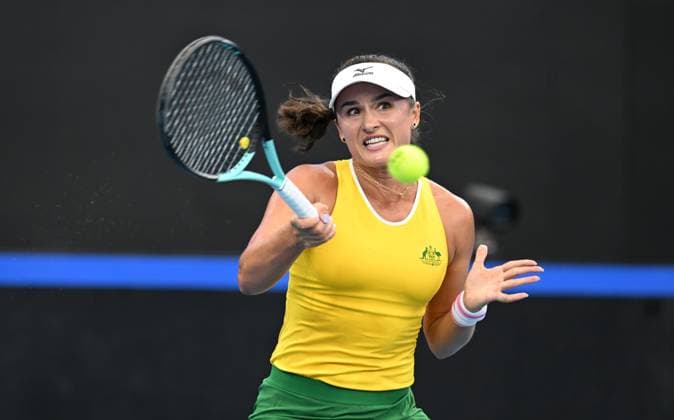 TENNIS BILLIE JEAN KING CUP, Arina Rodionova of Australia in action during her singles match against Giuliana Olmos of Mexico during the Billie Jean King Cup at Pat Rafter Arena in Brisbane, Friday, April 12, 2024. ( NO ARCHIVING, EDITORIAL USE ONLY, NO USE IN BOOKS WITHOUT CONSENT BRISBANE QUEENSLAND AUSTRALIA  Copyright: xDARRENxENGLANDx 20240412001930783011