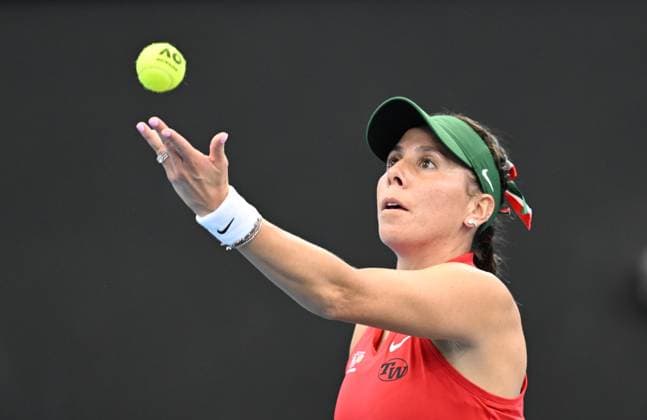 TENNIS BILLIE JEAN KING CUP, Giuliana Olmos of Mexico in action during her singles match against Arina Rodionova of Australia during the Billie Jean King Cup at Pat Rafter Arena in Brisbane, Friday, April 12, 2024. ( NO ARCHIVING, EDITORIAL USE ONLY, NO USE IN BOOKS WITHOUT CONSENT BRISBANE QUEENSLAND AUSTRALIA  Copyright: xDARRENxENGLANDx 20240412001930783339