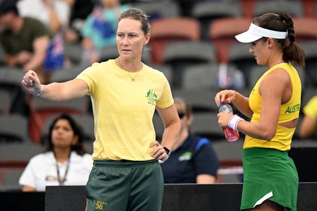 TENNIS BILLIE JEAN KING CUP, Australian captain Sam Stosur (left) is seen talking to Arina Rodionova of Australia (right) during her singles match against Giuliana Olmos of Mexicoduring the Billie Jean King Cup at Pat Rafter Arena in Brisbane, Friday, April 12, 2024. ( NO ARCHIVING, EDITORIAL USE ONLY, NO USE IN BOOKS WITHOUT CONSENT BRISBANE QUEENSLAND AUSTRALIA  Copyright: xDARRENxENGLANDx 20240412001930789634