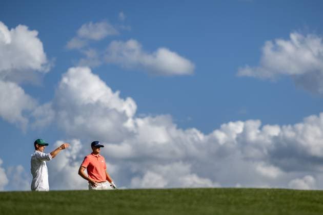 240411 Ludvig Aberg of Sweden with his caddie Joe Skovron during the first round of the 2024 Masters Golf Tournament on April 11, 2024 in Augusta. Photo: Petter Arvidson BILDBYRAN kod PA PA0792 bbeng golf masters the masters Augusta us masters Copyright: PETTERxARVIDSON BB240411PA161