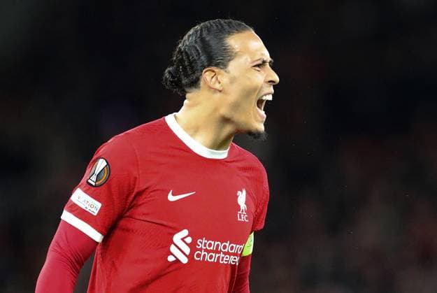 11th April 2024; Anfield, Liverpool, Merseyside, England; Europa League, Quarter Final;, First Leg Football, Liverpool versus Atalanta; Virgil van Dijk of Liverpool reacts  ActionPlus12628933 DavidxBlunsden