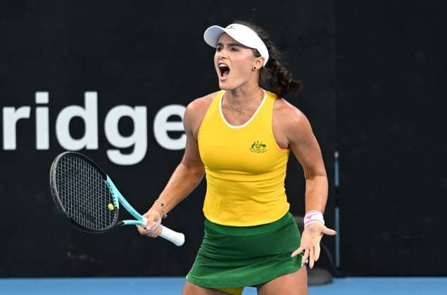 TENNIS BILLIE JEAN KING CUP, Arina Rodionova of Australia celebrates winning her singles match against Giuliana Olmos of Mexico during the Billie Jean King Cup at Pat Rafter Arena in Brisbane, Friday, April 12, 2024. ( NO ARCHIVING, EDITORIAL USE ONLY, NO USE IN BOOKS WITHOUT CONSENT BRISBANE QUEENSLAND AUSTRALIA  Copyright: xDARRENxENGLANDx 20240412001930811802