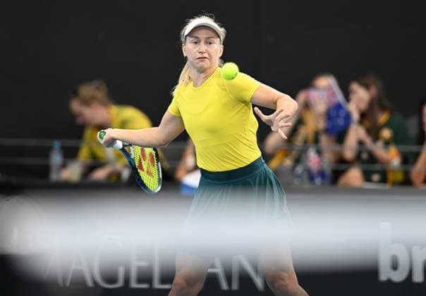 TENNIS BILLIE JEAN KING CUP, Daria Saville of Australia in action during her singles match against Marcela Zacarias of Mexico during the Billie Jean King Cup at Pat Rafter Arena in Brisbane, Friday, April 12, 2024. ( NO ARCHIVING, EDITORIAL USE ONLY, NO USE IN BOOKS WITHOUT CONSENT BRISBANE QUEENSLAND AUSTRALIA  Copyright: xDARRENxENGLANDx 20240412001930820356