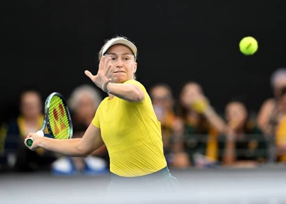 TENNIS BILLIE JEAN KING CUP, Daria Saville of Australia in action during her singles match against Marcela Zacarias of Mexico during the Billie Jean King Cup at Pat Rafter Arena in Brisbane, Friday, April 12, 2024. ( NO ARCHIVING, EDITORIAL USE ONLY, NO USE IN BOOKS WITHOUT CONSENT BRISBANE QUEENSLAND AUSTRALIA  Copyright: xDARRENxENGLANDx 20240412001930822174