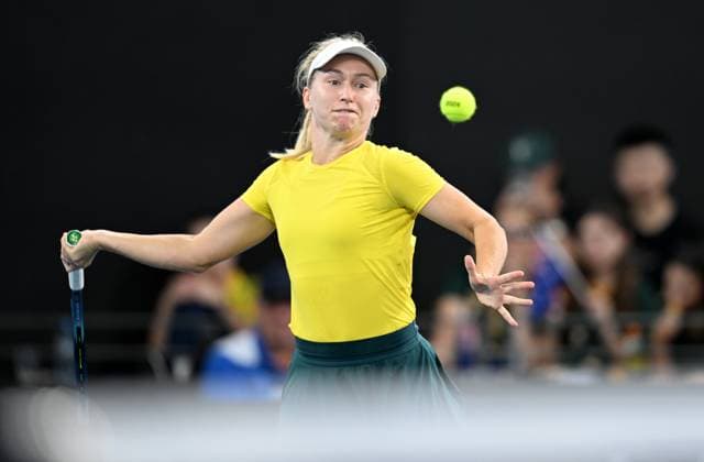 TENNIS BILLIE JEAN KING CUP, Daria Saville of Australia in action during her singles match against Marcela Zacarias of Mexico during the Billie Jean King Cup at Pat Rafter Arena in Brisbane, Friday, April 12, 2024. ( NO ARCHIVING, EDITORIAL USE ONLY, NO USE IN BOOKS WITHOUT CONSENT BRISBANE QUEENSLAND AUSTRALIA  Copyright: xDARRENxENGLANDx 20240412001930825633