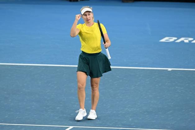 TENNIS BILLIE JEAN KING CUP, Daria Saville of Australia celebrates winning her singles match against Marcela Zacarias of Mexico during the Billie Jean King Cup at Pat Rafter Arena in Brisbane, Friday, April 12, 2024. ( NO ARCHIVING, EDITORIAL USE ONLY, NO USE IN BOOKS WITHOUT CONSENT BRISBANE QUEENSLAND AUSTRALIA  Copyright: xDARRENxENGLANDx 20240412001930833715