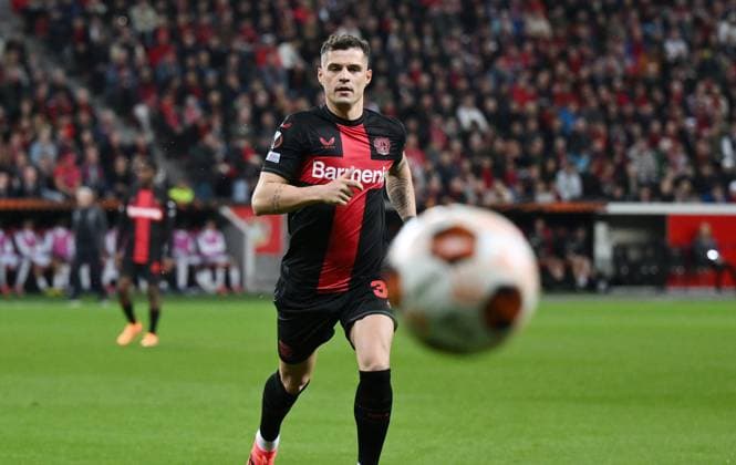 Granit Xhaka (Bayer 04 Leverkusen) 11.04.2024, Fussball Europa League, Saison 2023 2024, Viertelfinale Hinspiel, Bayer 04 Leverkusen - West Ham United 2:0 Leverkusen BayArena Nordrhein Westfalen Deutschland