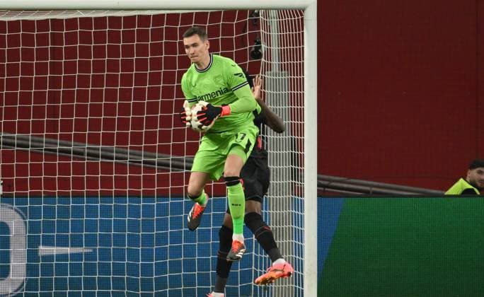 Torwart Matej Kovar (Bayer 04 Leverkusen) in Aktion 11.04.2024, Fussball Europa League, Saison 2023 2024, Viertelfinale Hinspiel, Bayer 04 Leverkusen - West Ham United Leverkusen BayArena Nordrhein Westfalen Deutschland