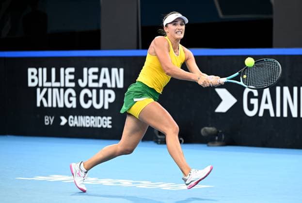 TENNIS BILLIE JEAN KING CUP, Arina Rodionova of Australia in action during her singles match against Giuliana Olmos of Mexico during the Billie Jean King Cup at Pat Rafter Arena in Brisbane, Friday, April 12, 2024. ( NO ARCHIVING, EDITORIAL USE ONLY, NO USE IN BOOKS WITHOUT CONSENT BRISBANE QUEENSLAND AUSTRALIA  Copyright: xDARRENxENGLANDx 20240412001930887137