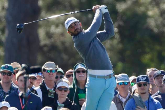 Max Homa tees off on the first hole in second round of the Masters Tournament at Augusta National Golf Club in Augusta, Georgia on Friday, April 12, 2024.  AUG20240412504 TANNENxMAURY